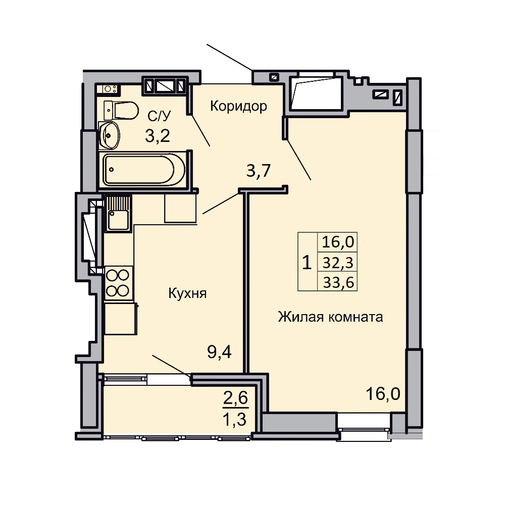 1-комнатная 33 м2 в ЖК Засекин корпус null этаж 8
