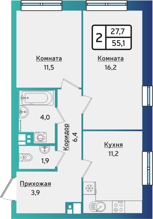 2-комнатная 55 м2 в ЖК ARTNOVA корпус null этаж 1