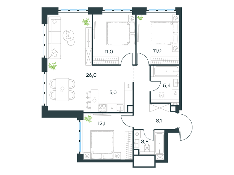 4-комнатная 82 м2 в ЖК Левел Южнопортовая корпус null этаж 32