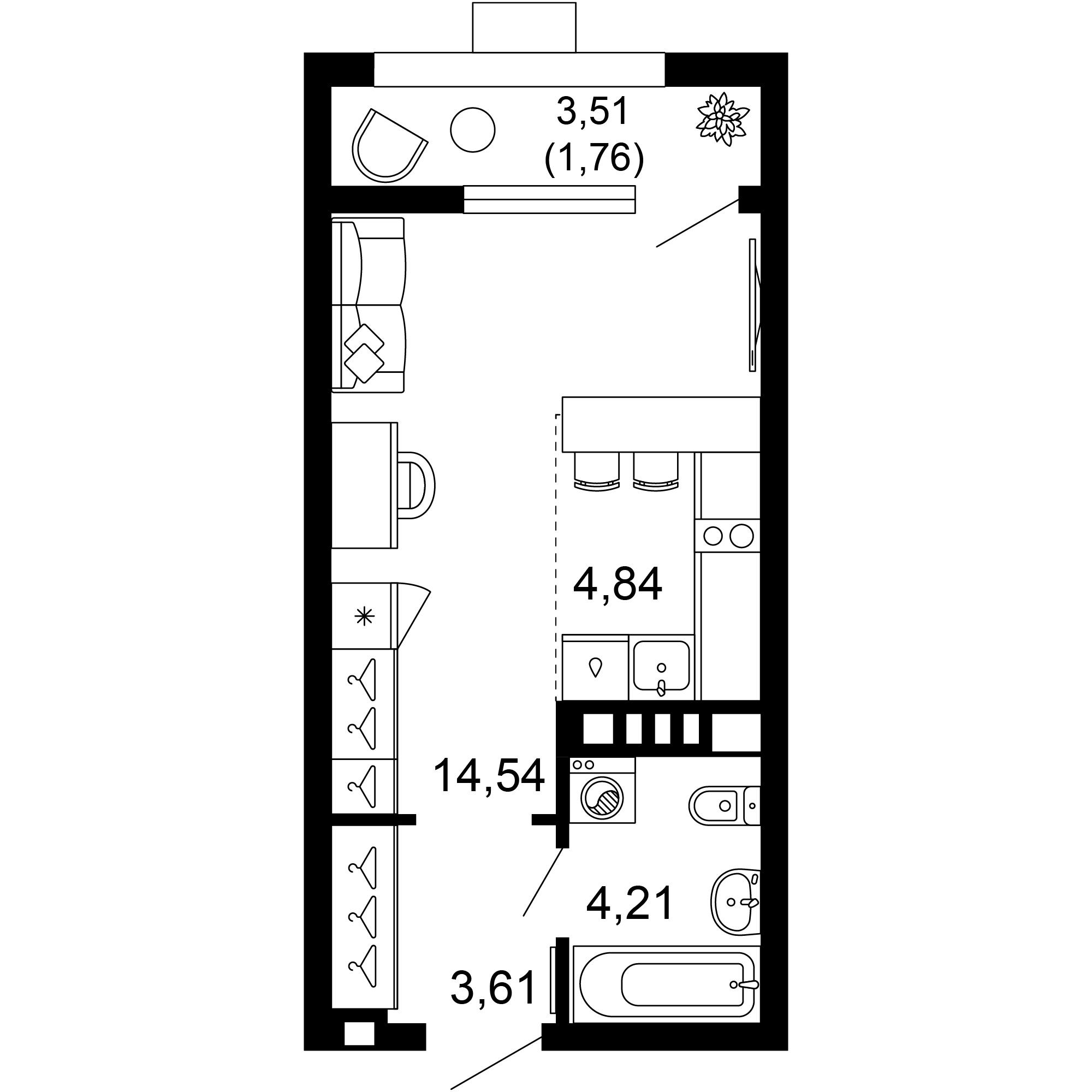1-комнатная 28 м2 в ЖК 1799 корпус null этаж 4