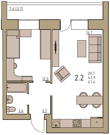 2-комнатная 47.6 м2 в ЖК undefined корпус null этаж 4