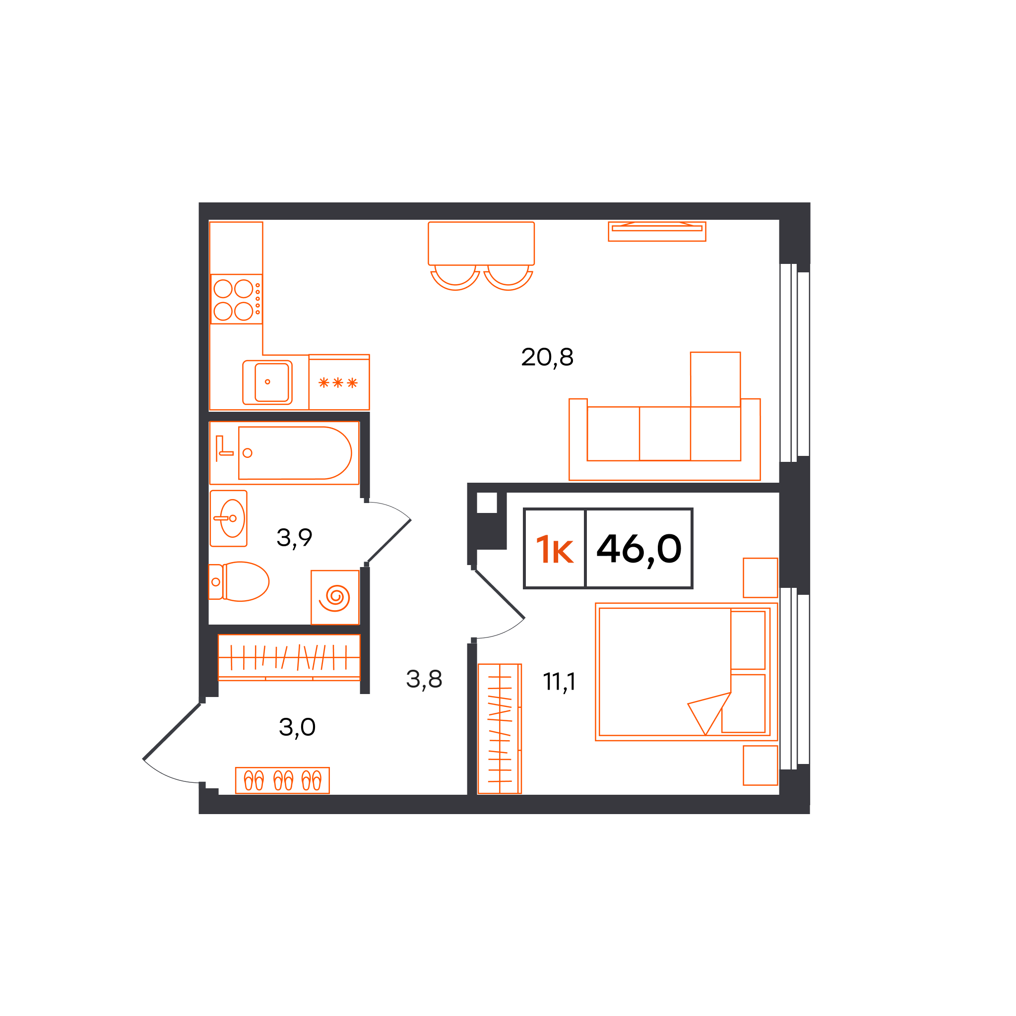 1-комнатная 46 м2 в ЖК Отличие корпус null этаж 15