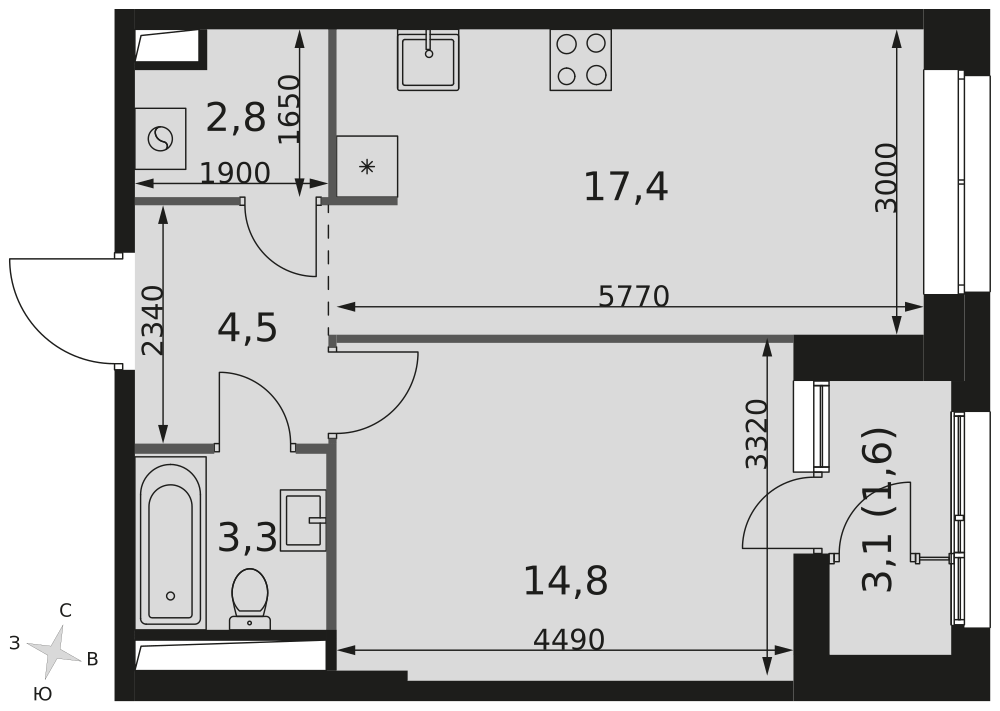 1-комнатная 44 м2 в ЖК Sky Garden корпус null этаж 6