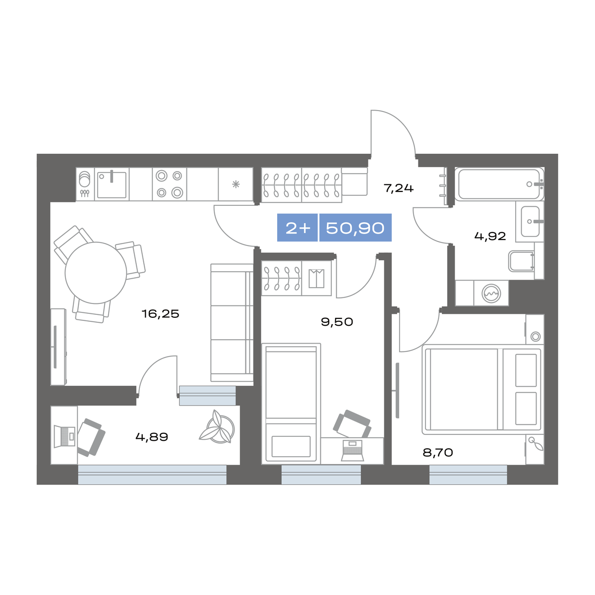 2-комнатная 50 м2 в ЖК Пятнашка корпус null этаж 4