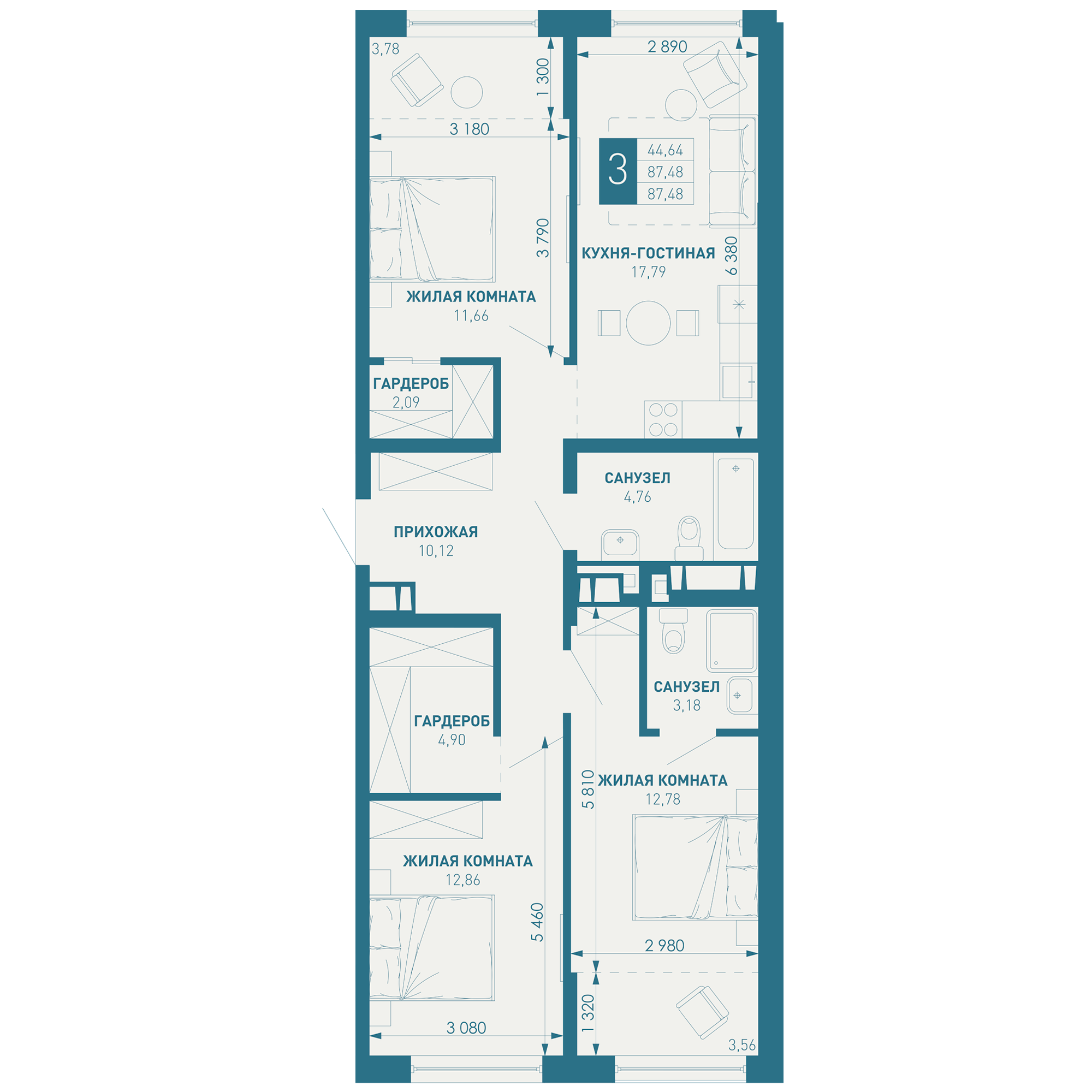 3-комнатная 91 м2 в ЖК ИНАЧЕ в Молодежном корпус null этаж 10