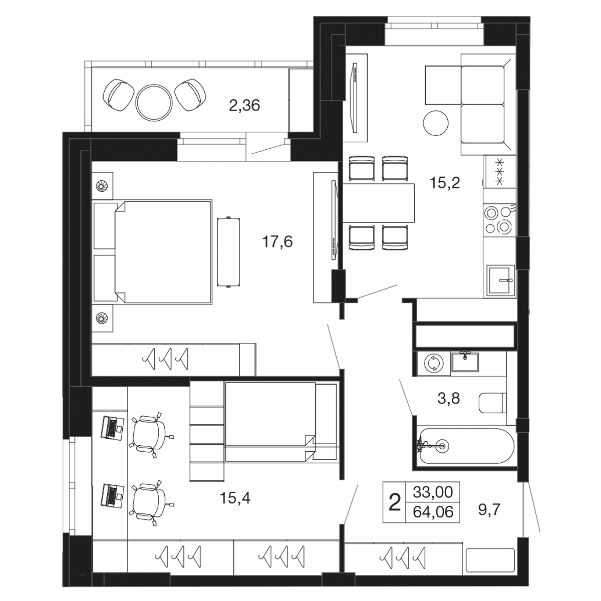 2-комнатная 64 м2 в ЖК Времена года корпус null этаж 3