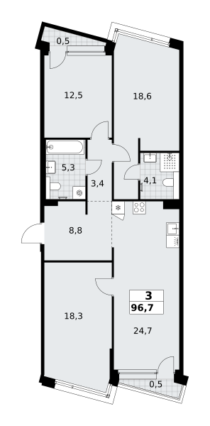 3-комнатная 96 м2 в ЖК Хольм корпус null этаж 4