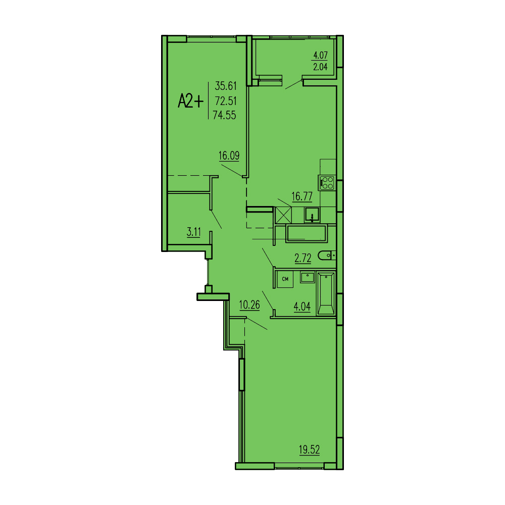2-комнатная 74 м2 в ЖК Акварель корпус null этаж 2