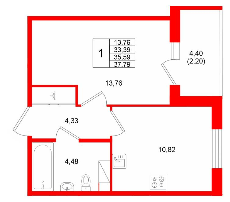 1-комнатная 35 м2 в ЖК IQ Гатчина корпус null этаж 7
