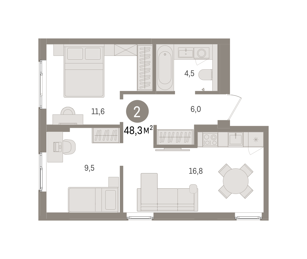 2-комнатная 48 м2 в ЖК Брусника в Новоселье корпус null этаж 3