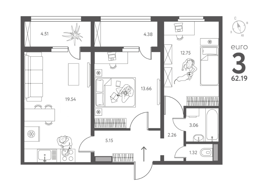 3-комнатная 62.2 м2 в ЖК undefined корпус null этаж 11
