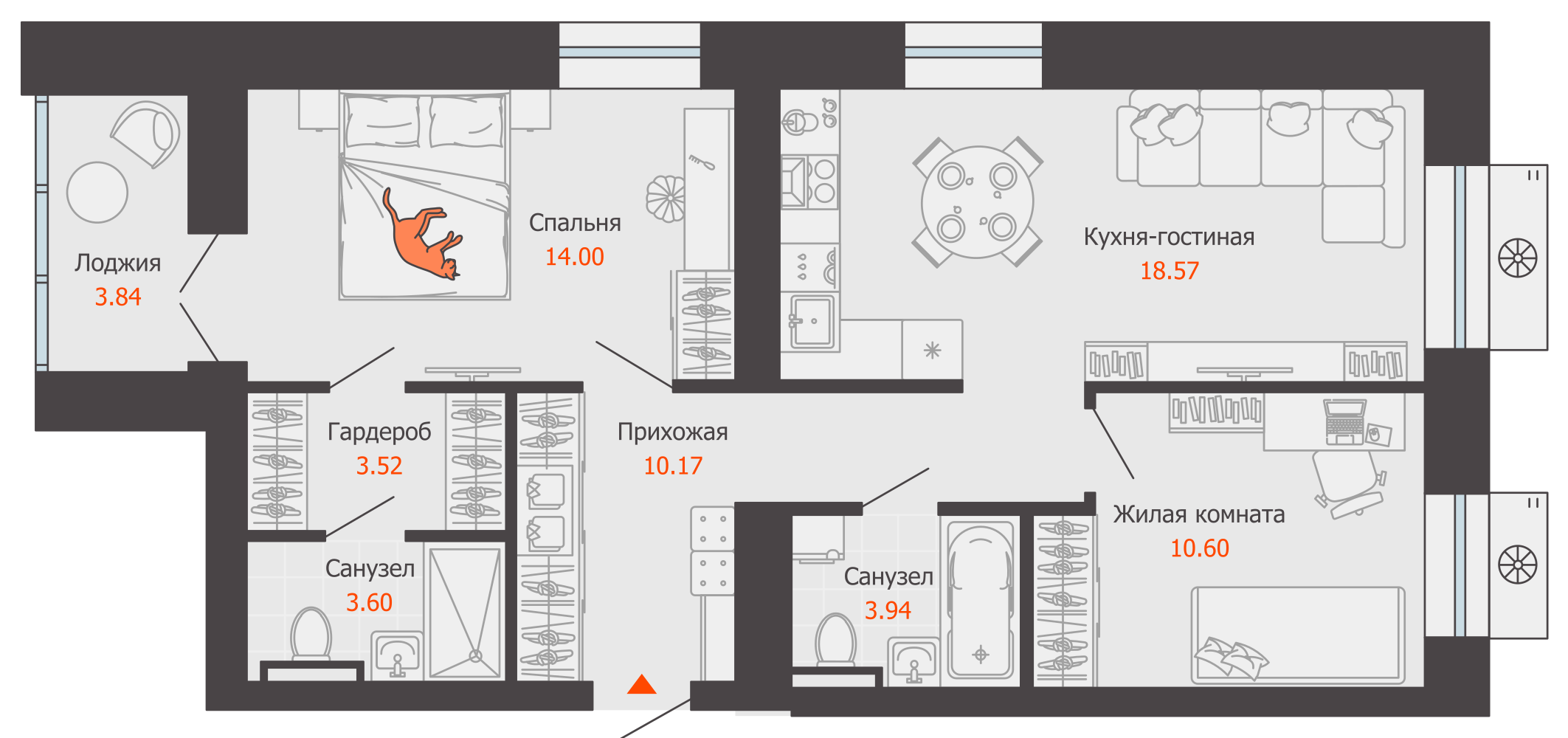 3-комнатная 66 м2 в ЖК Зарядное корпус null этаж 2