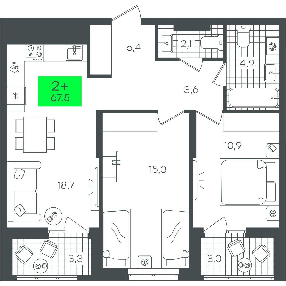 2-комнатная 67 м2 в ЖК Гранд Квартал корпус null этаж 15