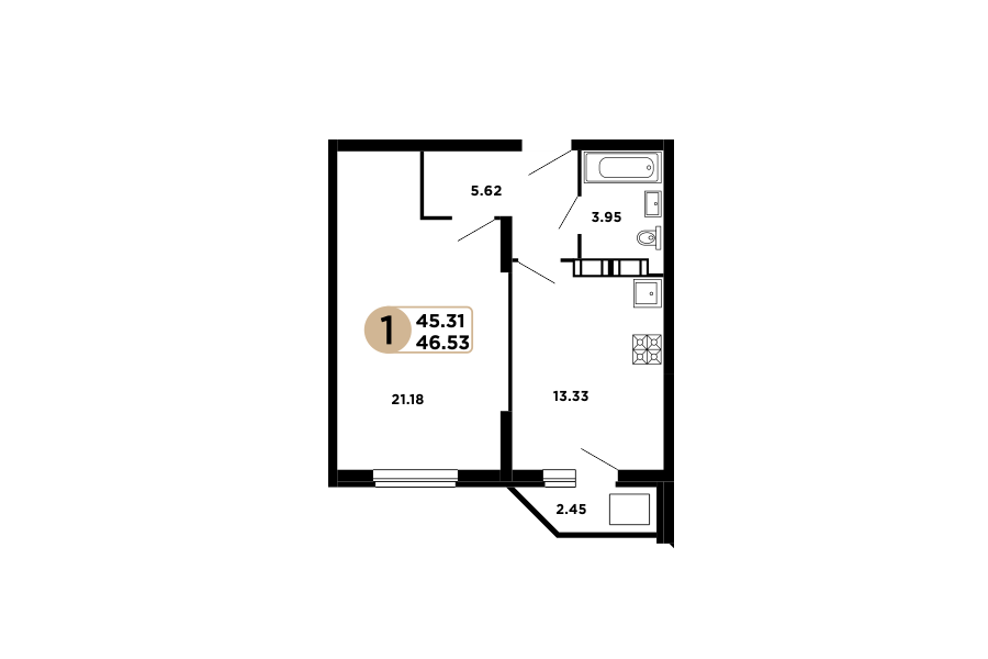 1-комнатная 46 м2 в ЖК Московский корпус null этаж 7