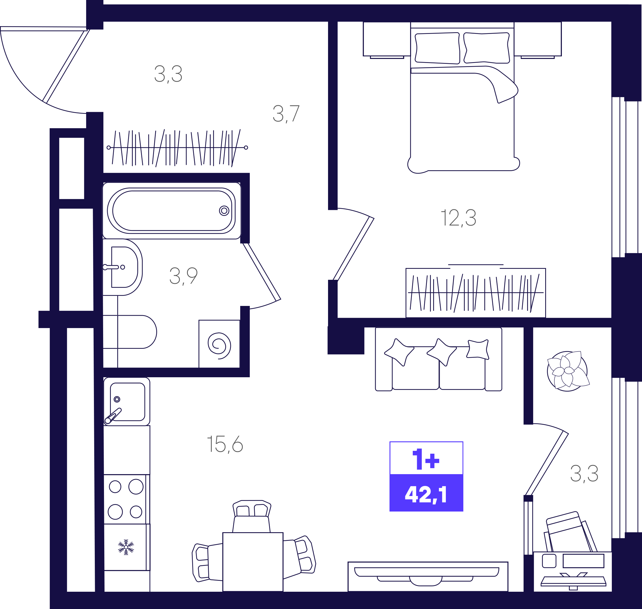 1-комнатная 42 м2 в ЖК Отличие корпус null этаж 7