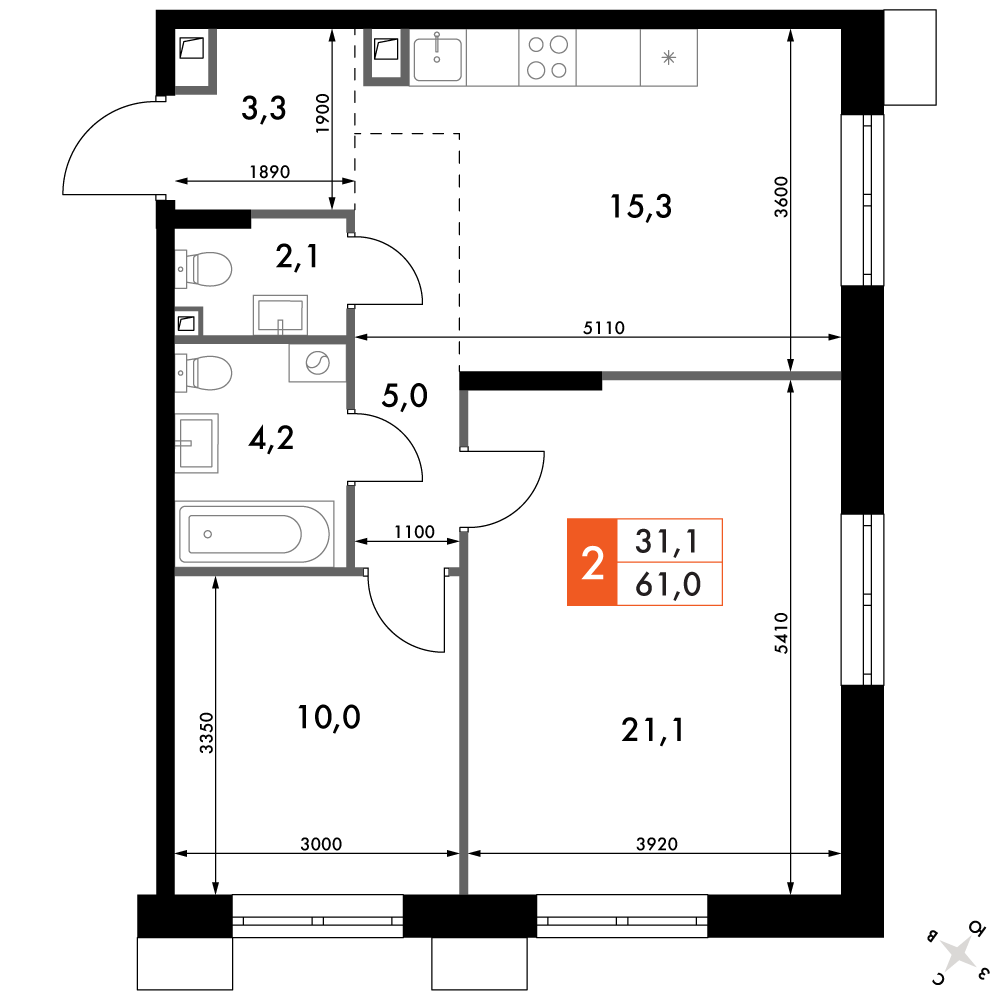 2-комнатная 61 м2 в ЖК Флагман корпус null этаж 5