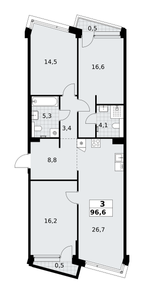 3-комнатная 96 м2 в ЖК Хольм корпус null этаж 5