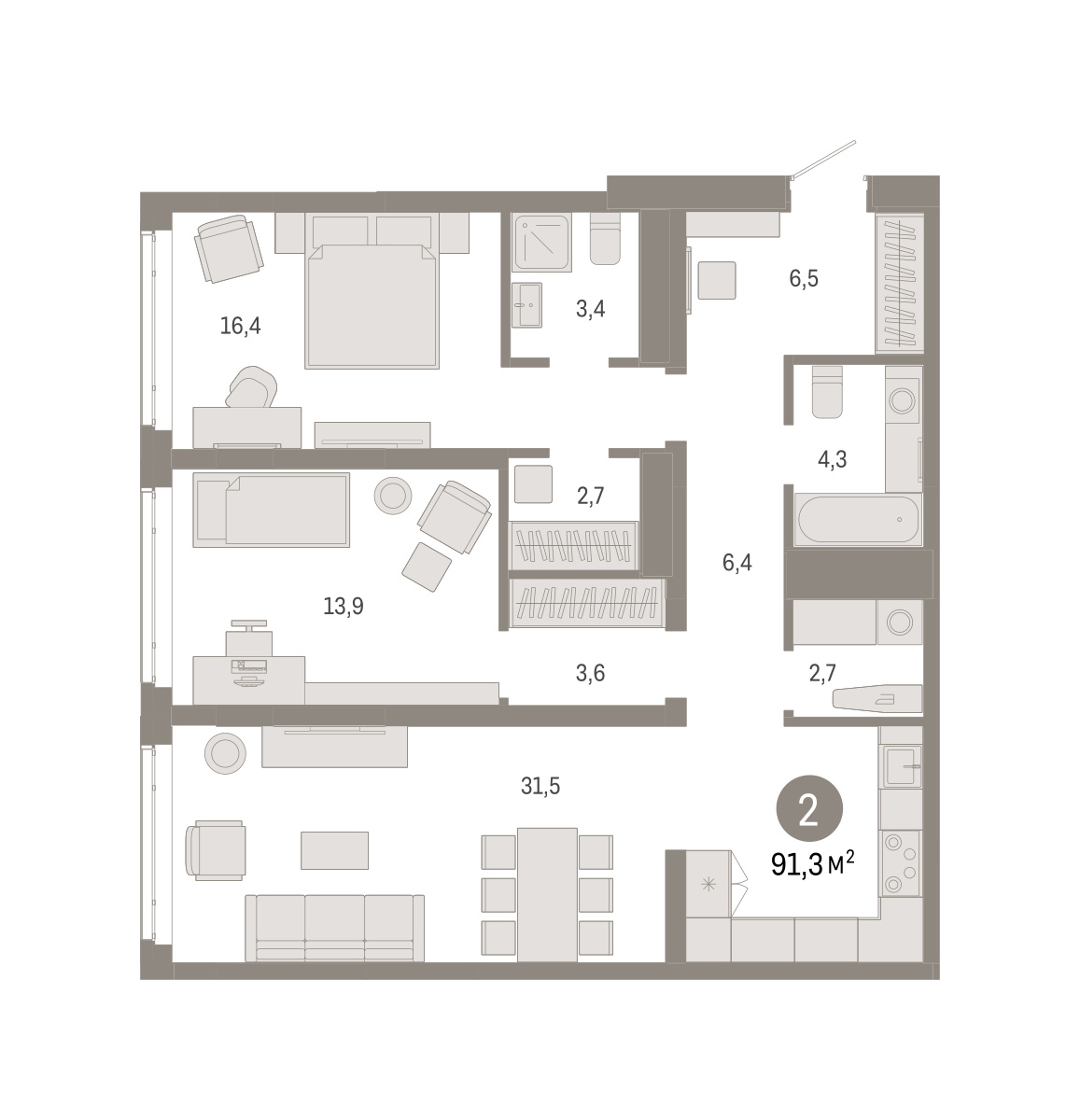 2-комнатная 91 м2 в ЖК Республики 205 корпус null этаж 5