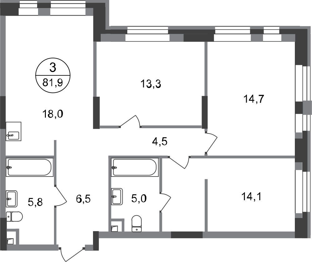 3-комнатная 81 м2 в ЖК Первый Московский корпус null этаж 1