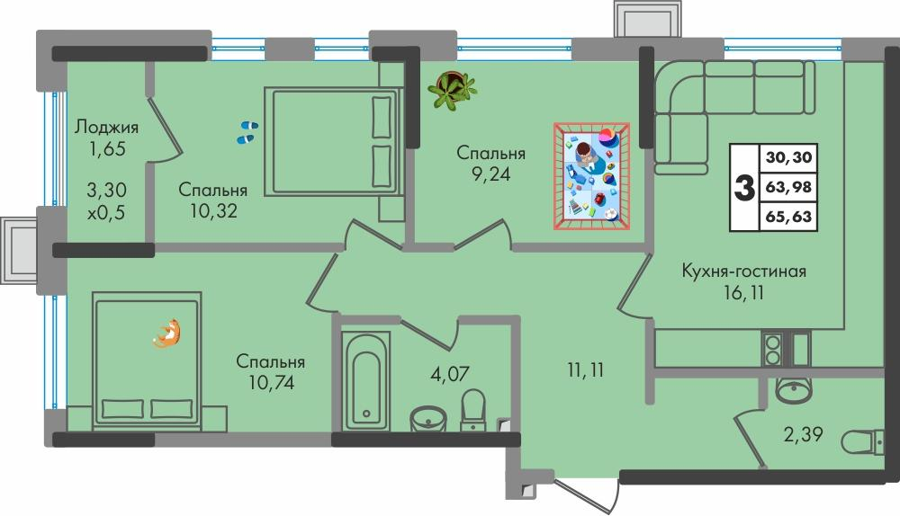 3-комнатная 65 м2 в ЖК Зеленая территория корпус null этаж 6