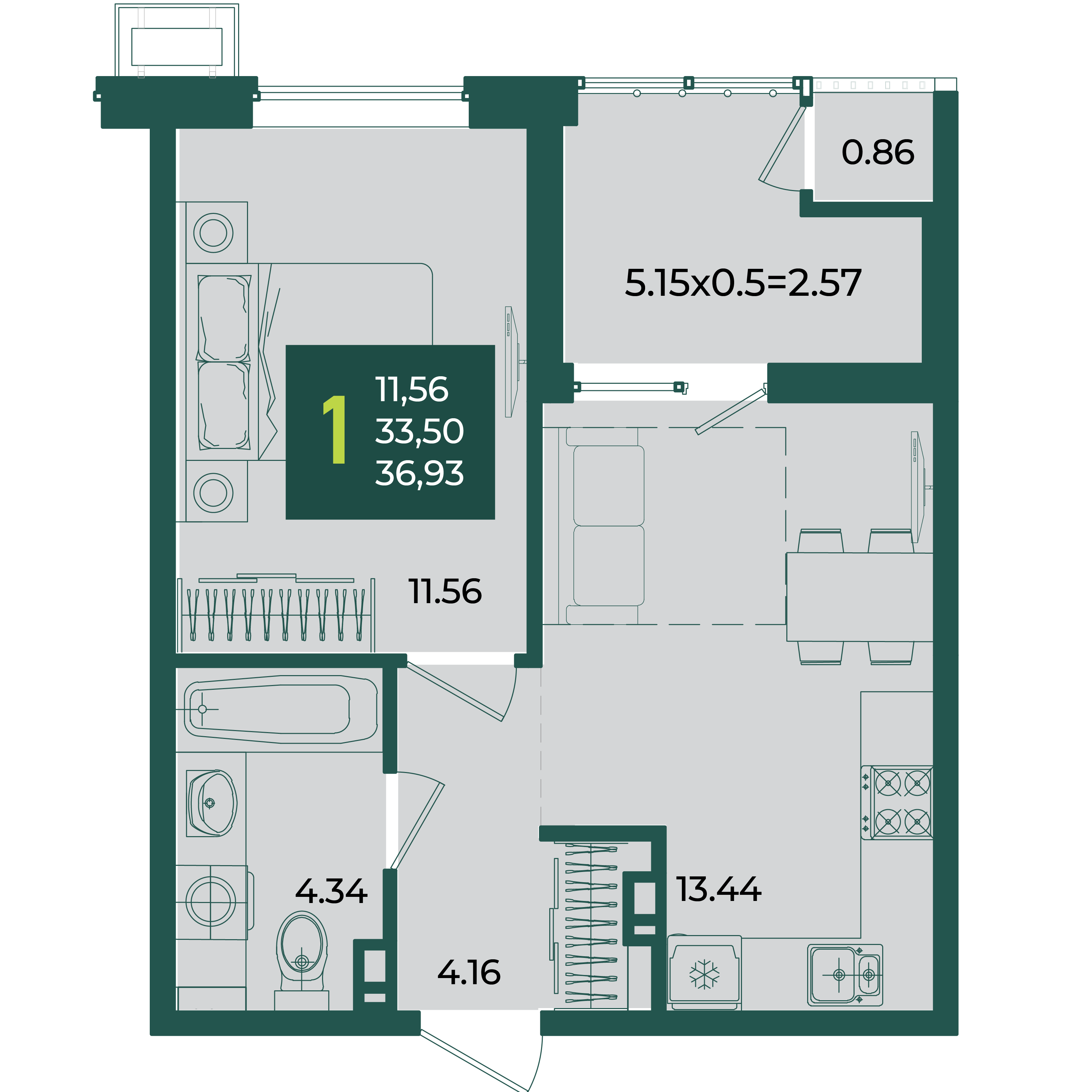 1-комнатная 36 м2 в ЖК Образцово корпус null этаж 5