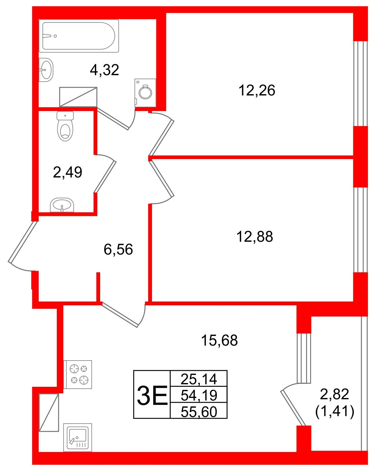 2-комнатная 55 м2 в ЖК Квартал Заречье корпус null этаж 2