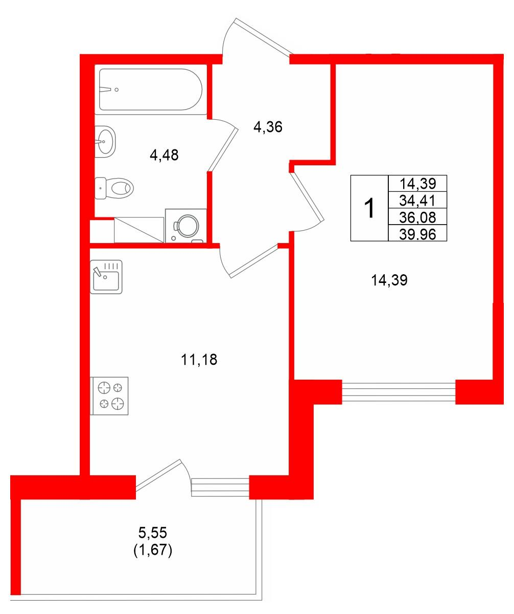 1-комнатная 36 м2 в ЖК IQ Гатчина корпус null этаж 3