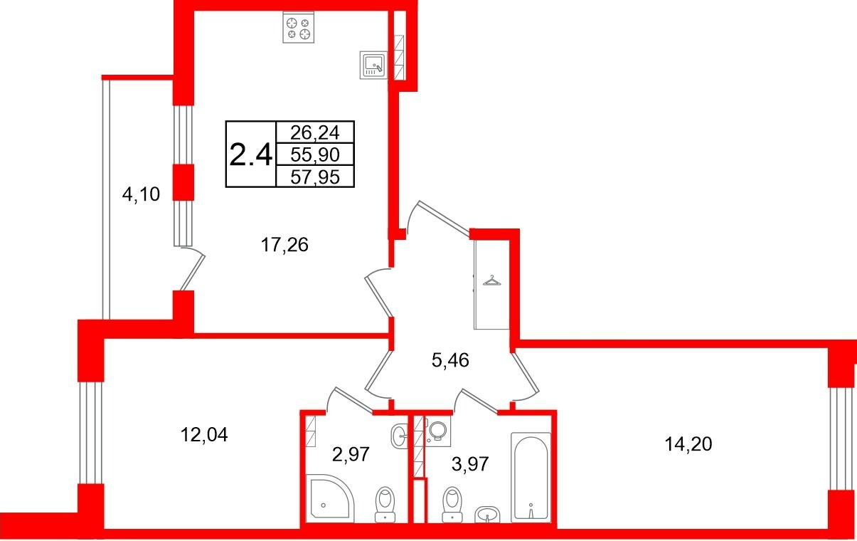 2-комнатная 55 м2 в ЖК Универ Сити корпус null этаж 4