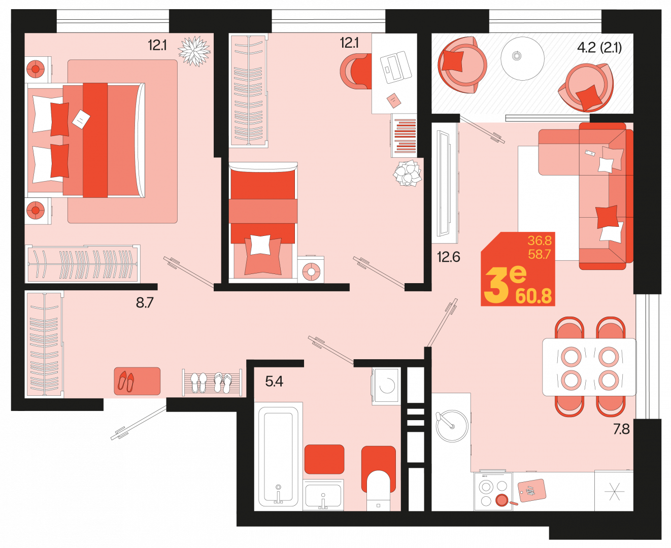 2-комнатная 60.8 м2 в ЖК undefined корпус null этаж 4