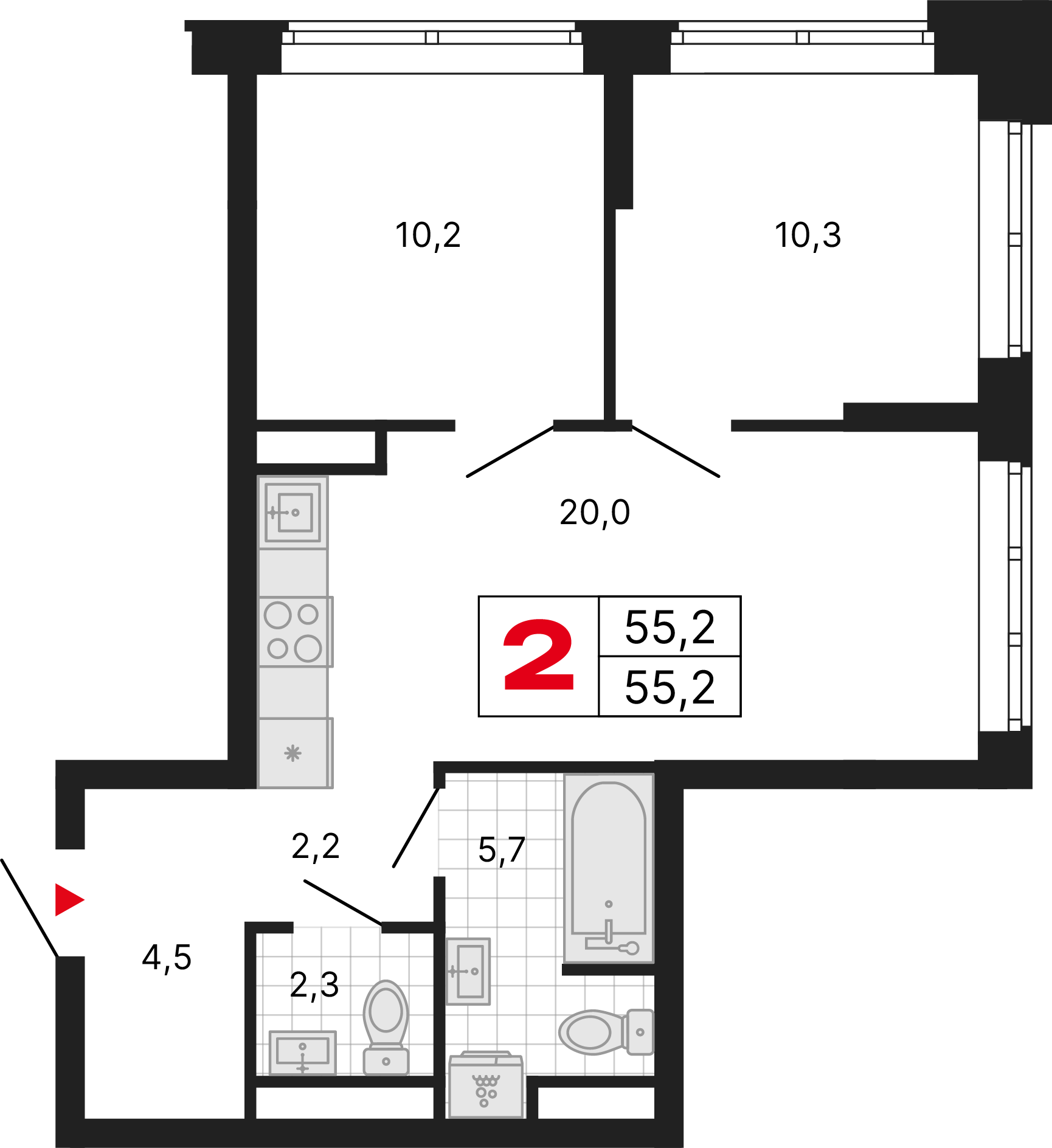2-комнатная 55 м2 в ЖК Бестселлер корпус null этаж 9