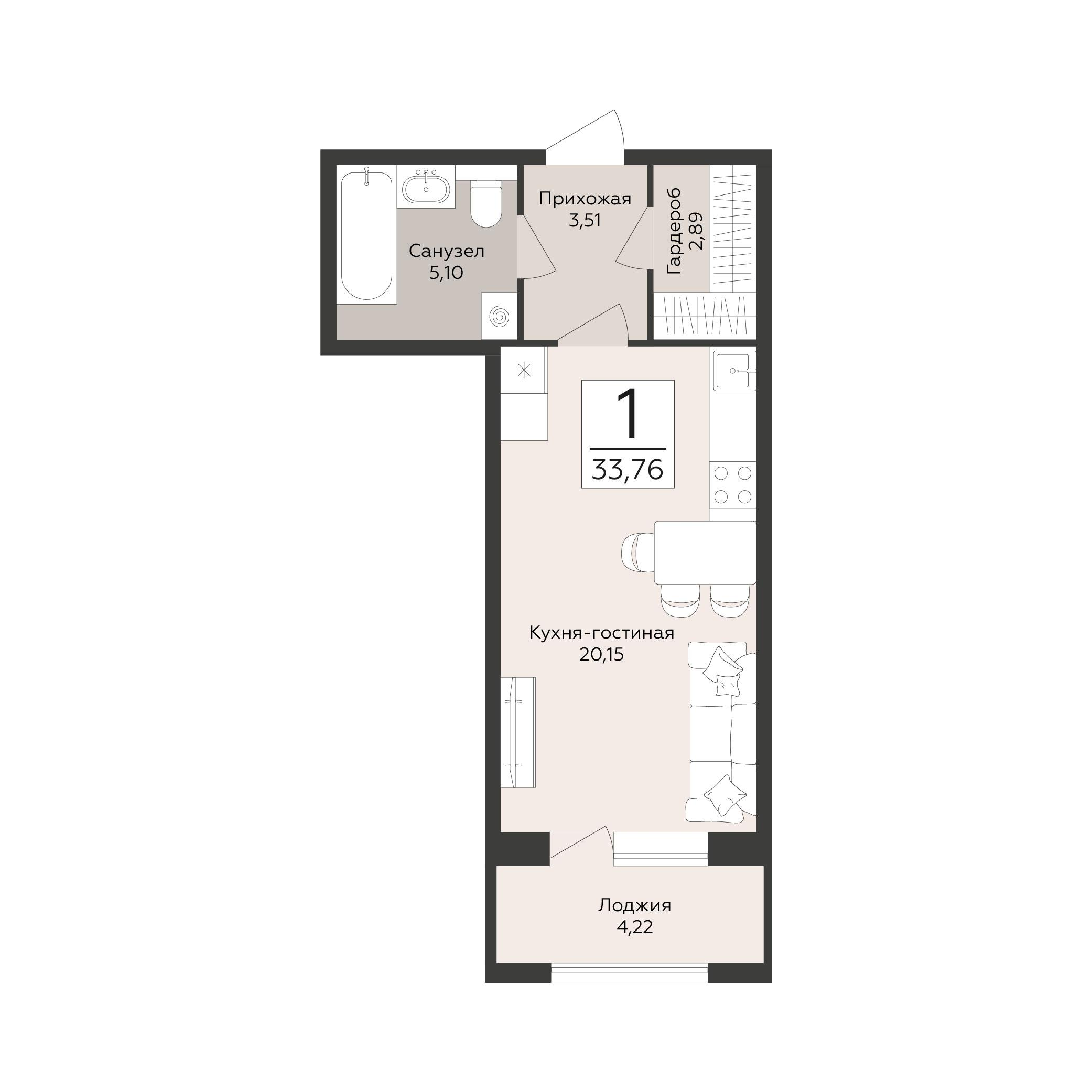 1-комнатная 33 м2 в ЖК Эклипс корпус null этаж 3