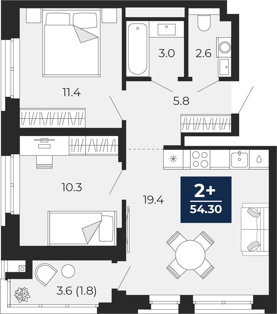 2-комнатная 52 м2 в ЖК Мириады корпус null этаж 10