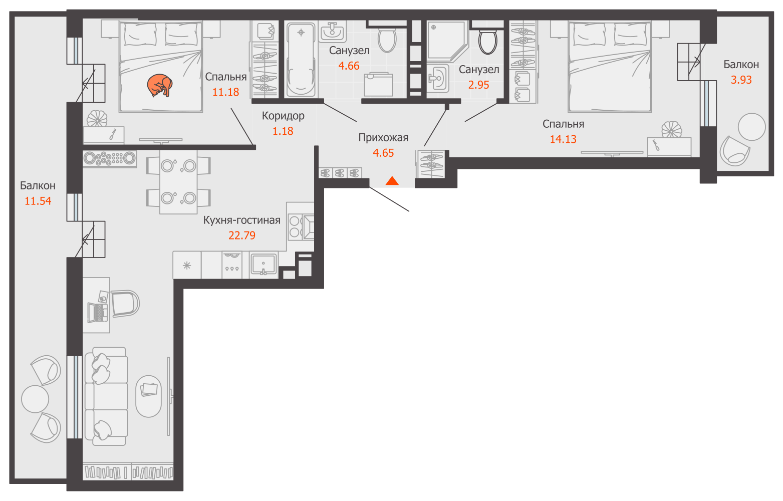 3-комнатная 66 м2 в ЖК Камаполис корпус null этаж 12