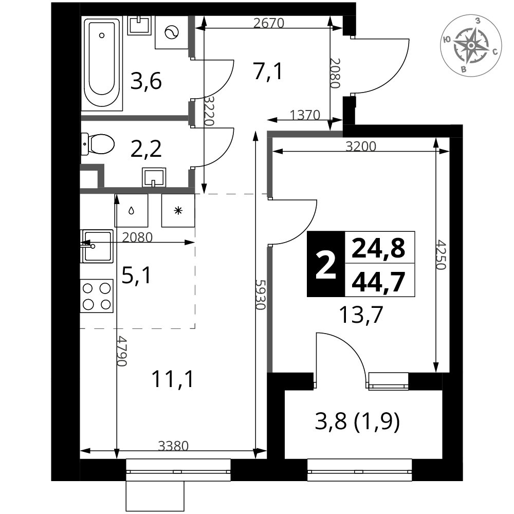 2-комнатная 44 м2 в ЖК 1-й Ясеневский корпус null этаж 13