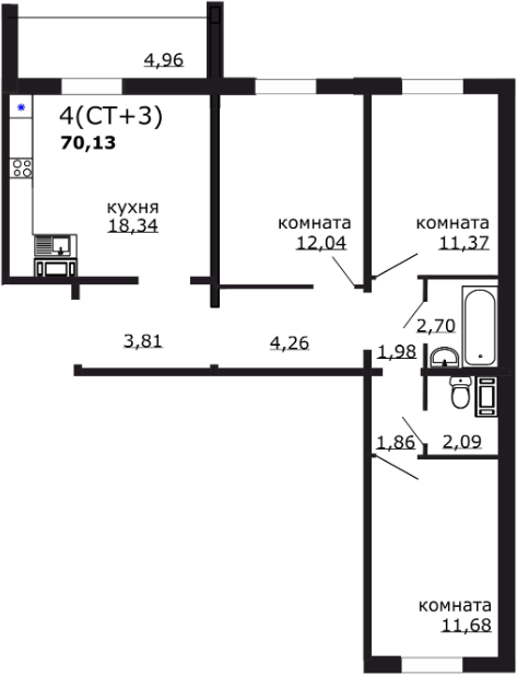 4-комнатная 70.1 м2 в ЖК undefined корпус null этаж 4