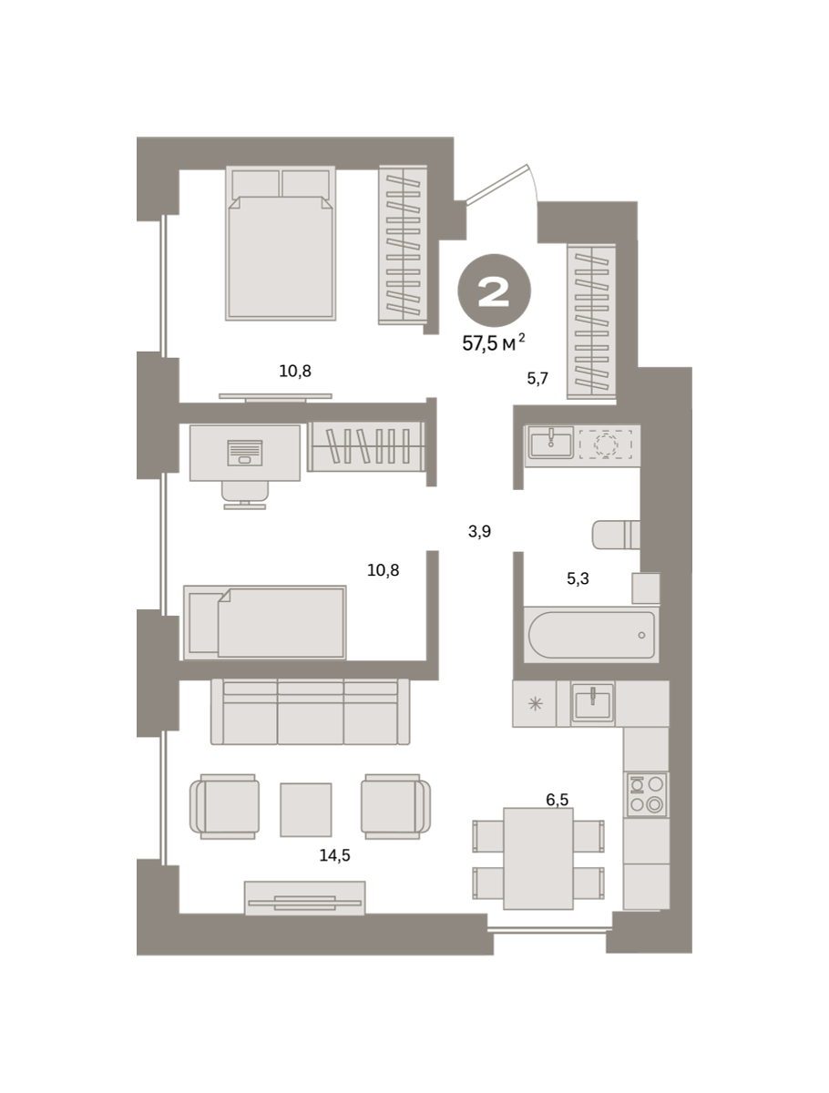 2-комнатная 57 м2 в ЖК Метроном корпус null этаж 8