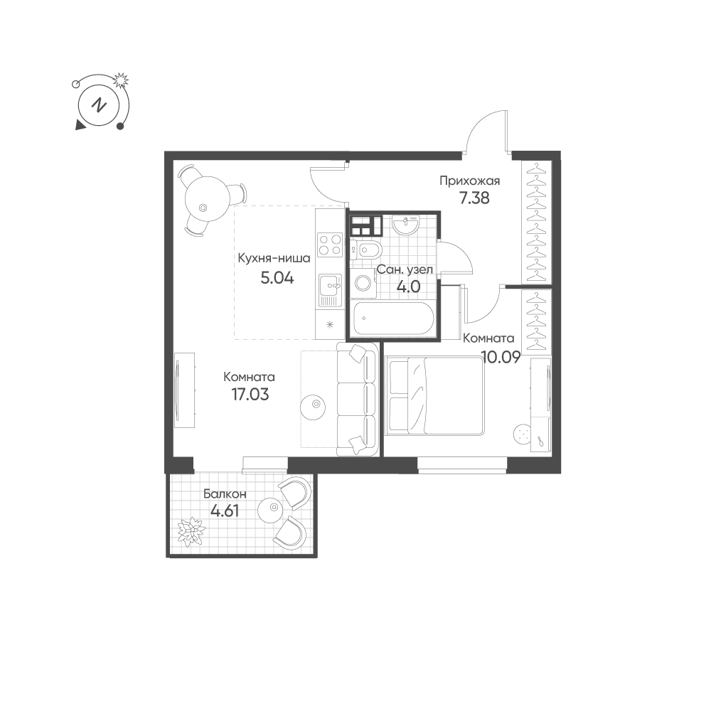 2-комнатная 44 м2 в ЖК Балтым-Парк корпус null этаж 4