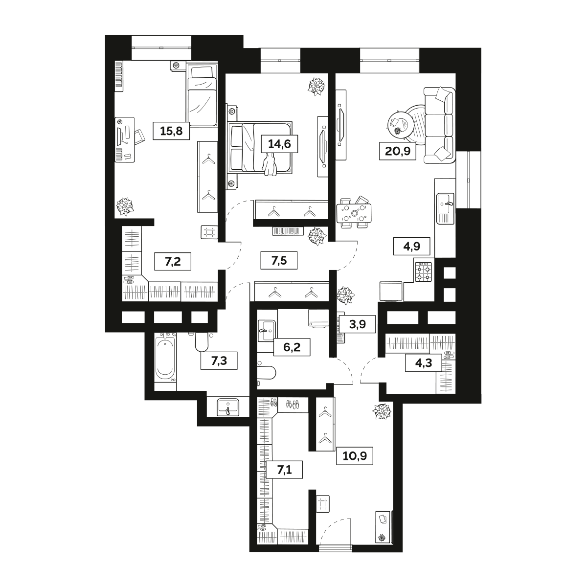 3-комнатная 110 м2 в ЖК Лайм корпус null этаж 13