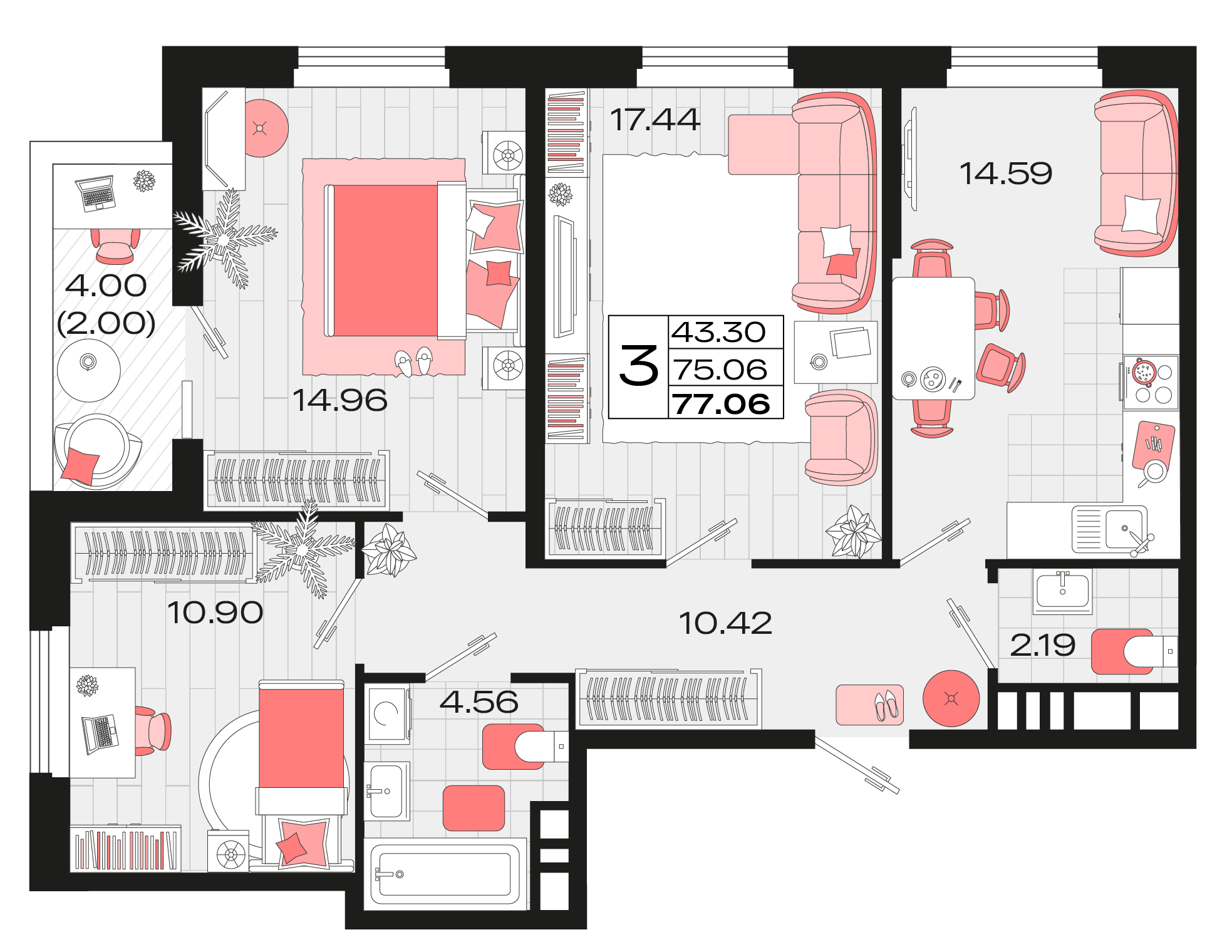 3-комнатная 74 м2 в ЖК Римские каникулы корпус null этаж 4