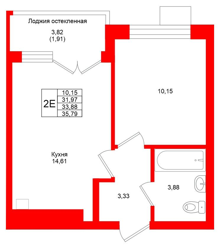 1-комнатная 33 м2 в ЖК Lake City-4 корпус null этаж 3