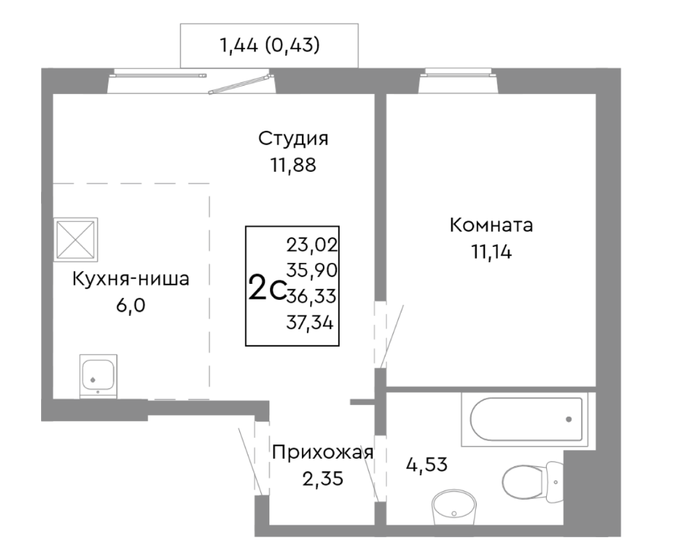1-комнатная 36.3 м2 в ЖК undefined корпус null этаж 4