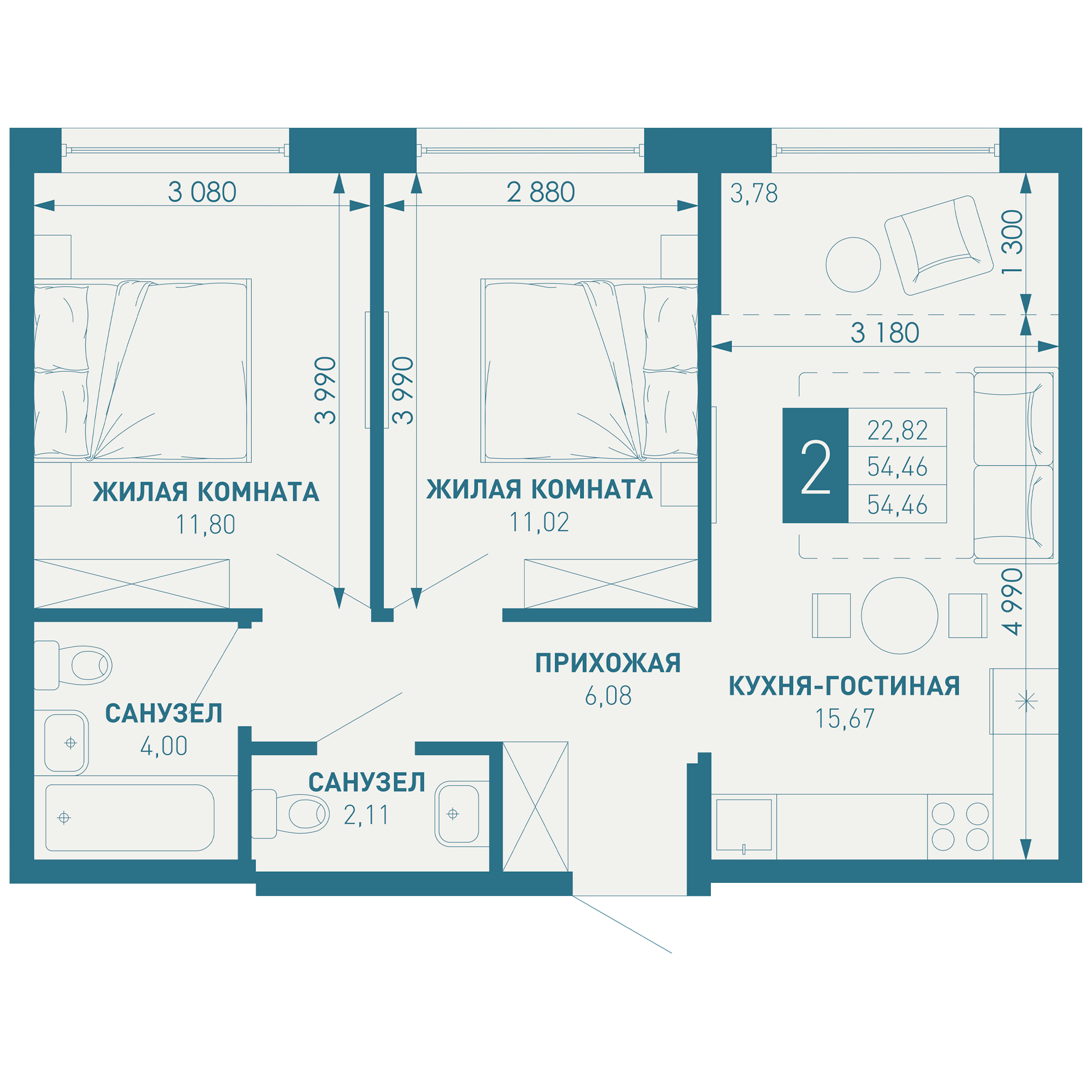 2-комнатная 56 м2 в ЖК ИНАЧЕ в Молодежном корпус null этаж 11