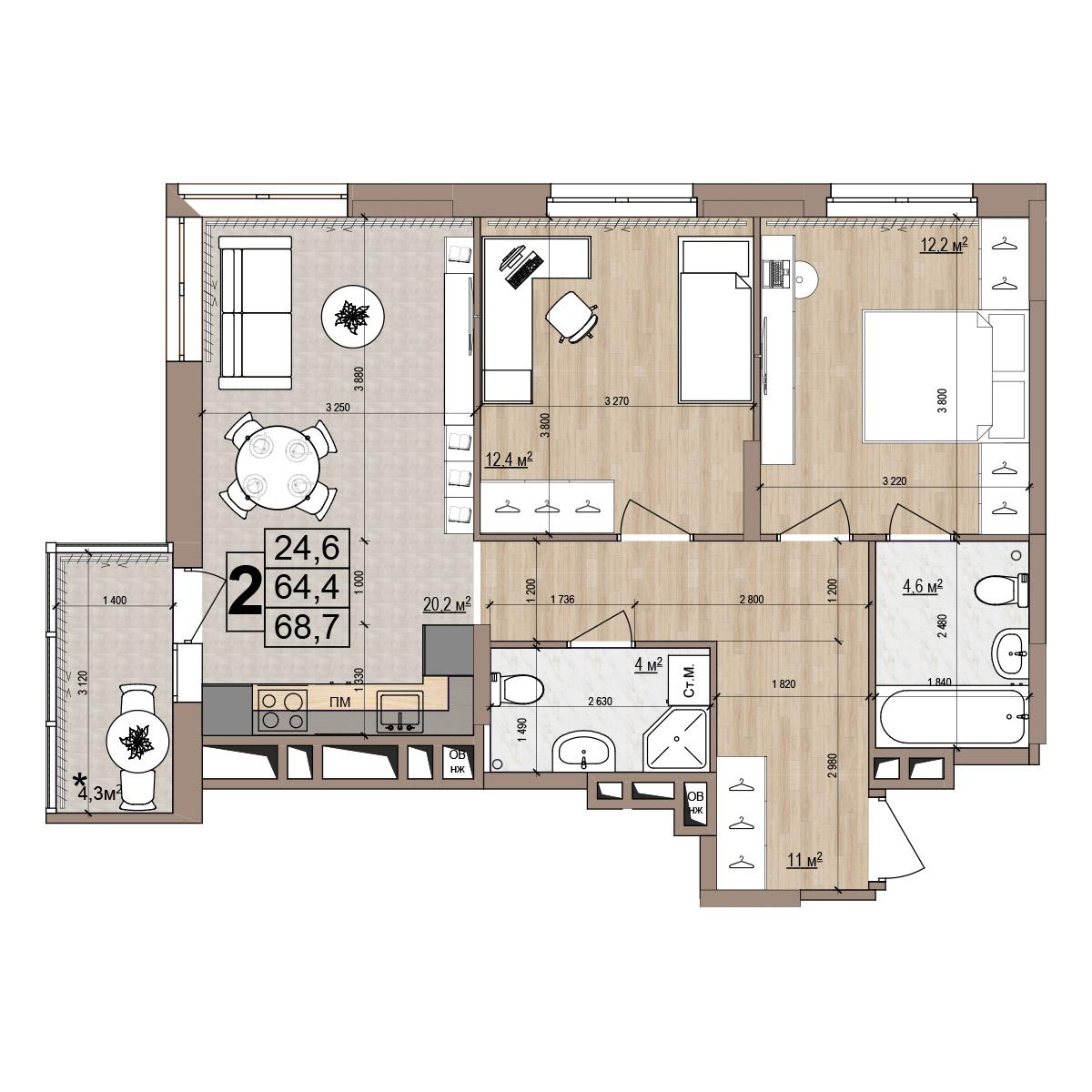 2-комнатная 68 м2 в ЖК Гранд Комфорт-2 корпус null этаж 4