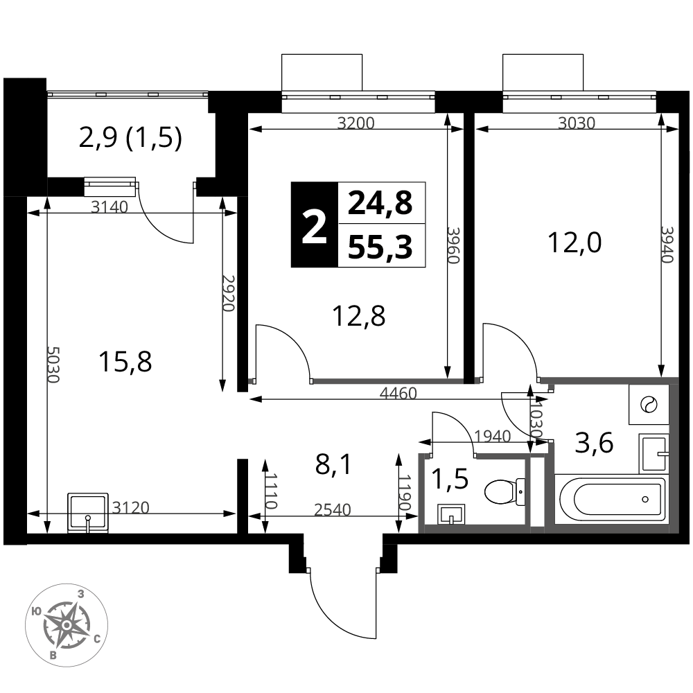 2-комнатная 55 м2 в ЖК 1-й Донской корпус null этаж 11