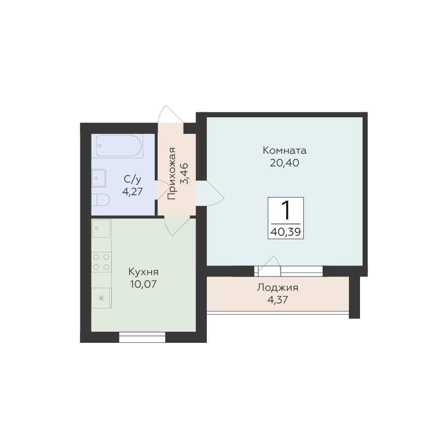 1-комнатная 40 м2 в ЖК Юность корпус null этаж 9