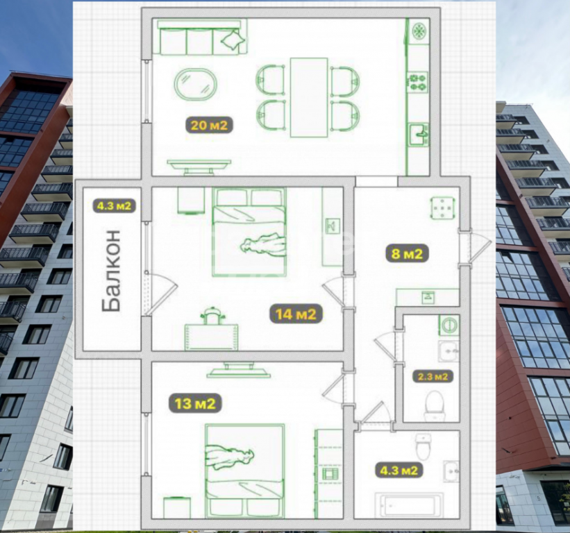 2-комнатная 64 м2 в ЖК undefined корпус null этаж 6
