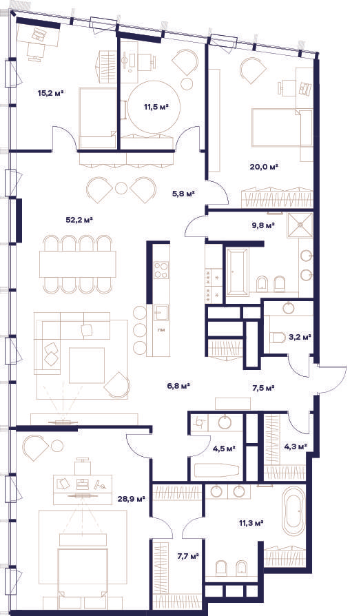 4-комнатная 188 м2 в ЖК Союз корпус null этаж 23