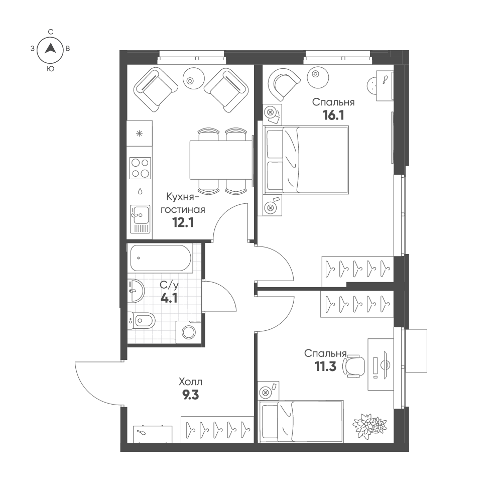 2-комнатная 52 м2 в ЖК Ягодное Река Парк корпус null этаж 7