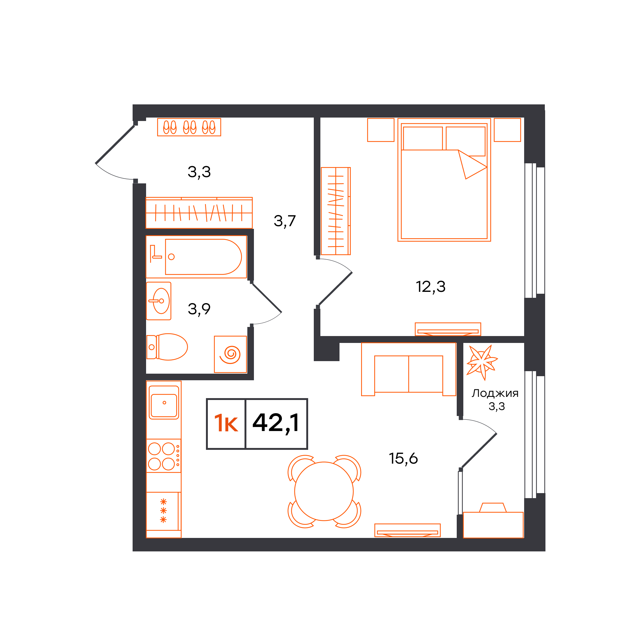 1-комнатная 42 м2 в ЖК Отличие корпус null этаж 5