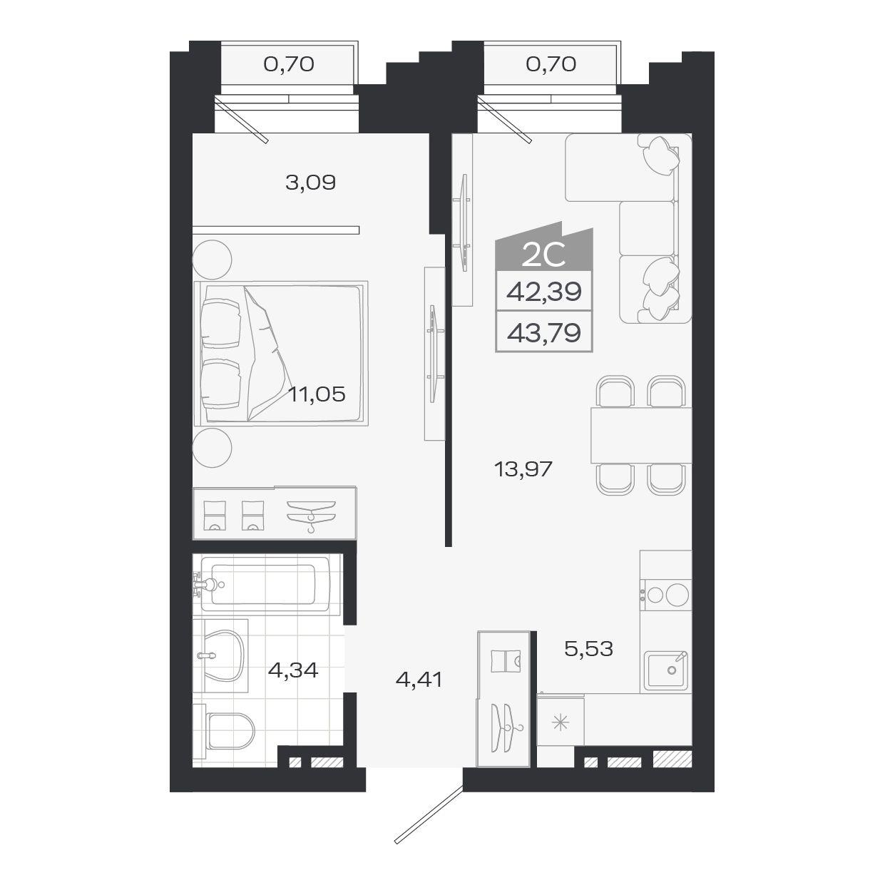 2-комнатная 42 м2 в ЖК Ясный берег корпус null этаж 3